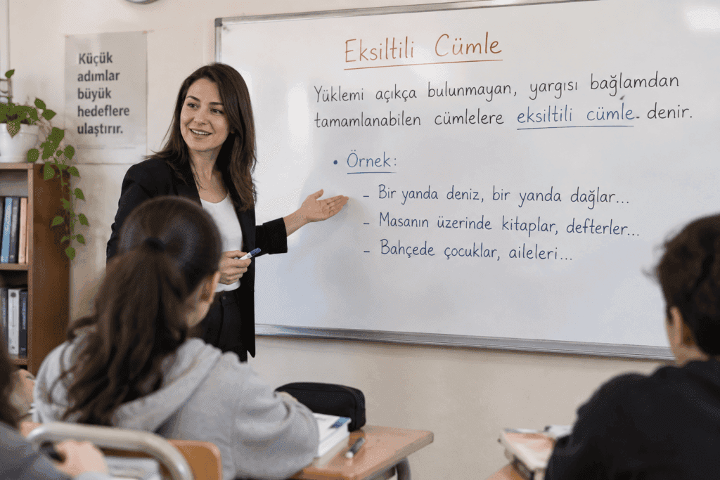 Eksiltili cümle nedir konusunu örneklerle sınıfta anlatan öğretmen görseli