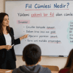 Fiil cümlesi konusunu çekimli fiil ve örnek cümlelerle anlatan öğretmen görseli