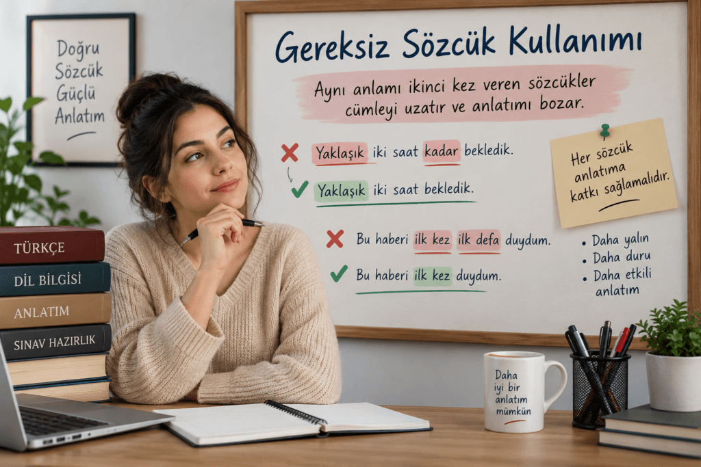 Gereksiz sözcük kullanımı konusunu yanlış ve doğru cümle örnekleriyle açıklayan eğitim görseli