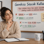 Gereksiz sözcük kullanımı konusunu yanlış ve doğru cümle örnekleriyle açıklayan eğitim görseli