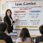 İsim cümlesi konusunu isim ve fiil cümlesi örnekleriyle anlatan öğretmen görseli
