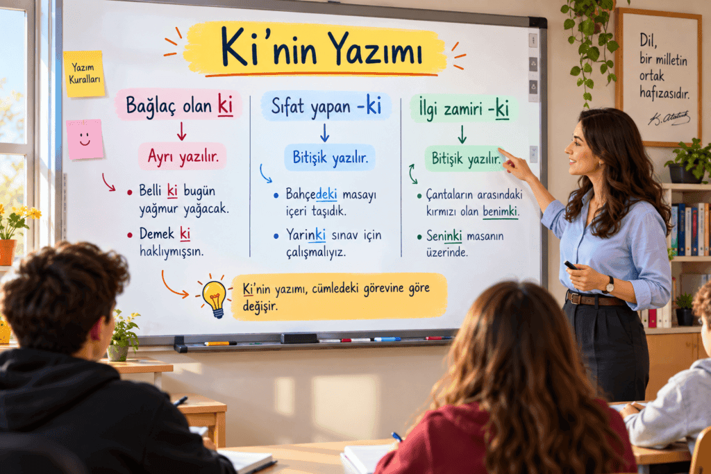 Ki’nin yazımı, bağlaç olan ki ile sıfat yapan ve ilgi zamiri olan -ki’nin ayrı ve bitişik yazım örnekleri