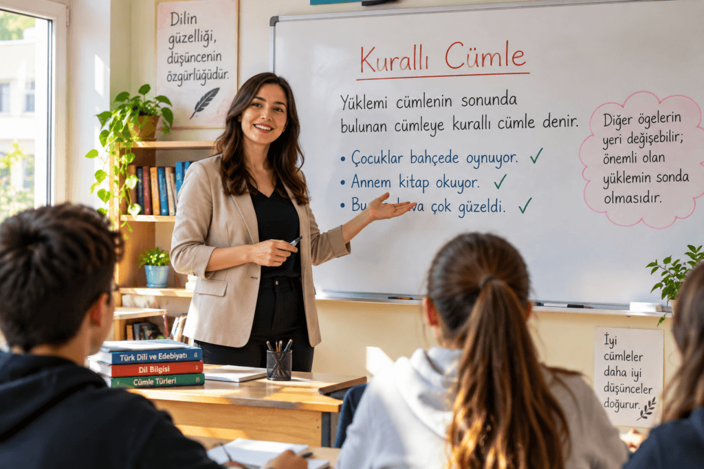 Kurallı cümlenin tanımını, özelliklerini ve örneklerini sınıfta anlatan öğretmen görseli
