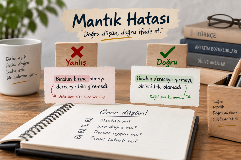 Mantık hatasını yanlış ve doğru cümle örnekleriyle açıklayan eğitim görseli