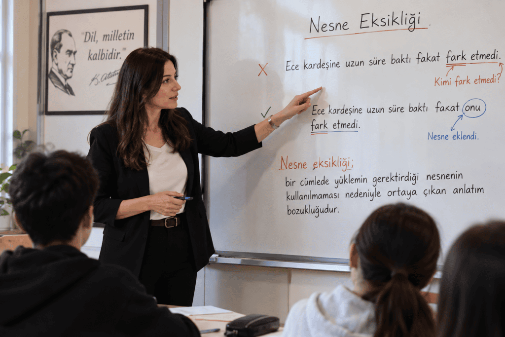 Nesne eksikliği konusunu yanlış ve doğru cümle örnekleriyle anlatan öğretmenli eğitim görseli