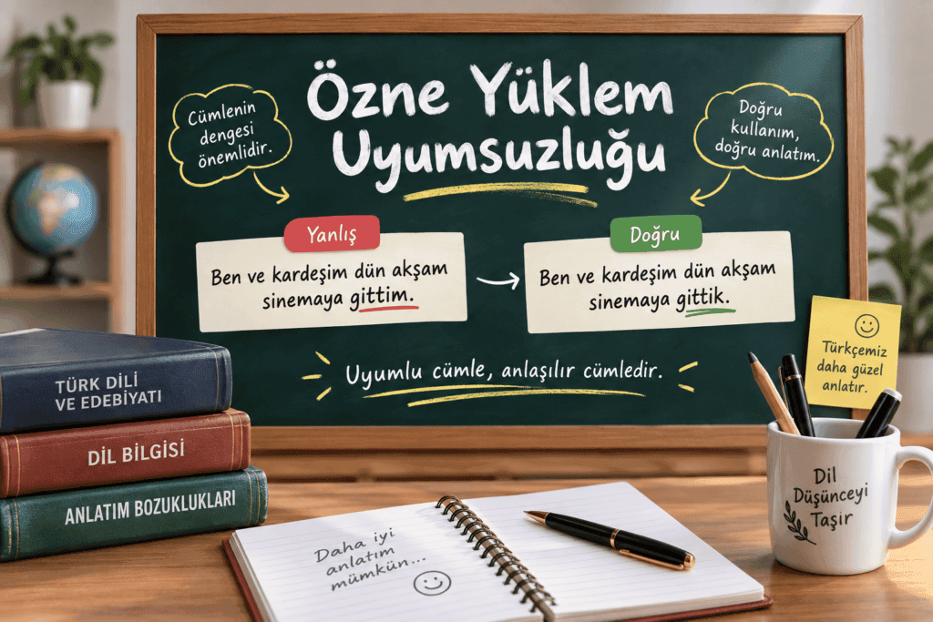 Özne yüklem uyumsuzluğu konusunu yanlış ve doğru cümle örnekleriyle gösteren eğitim görseli
