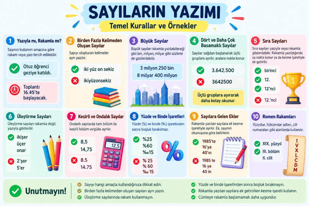 Sayıların yazımı kuralları; sıra, üleştirme, ondalık sayılar, Romen rakamları ve sayılara gelen ekler
