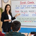 Sıralı cümle nedir, bağımlı ve bağımsız sıralı cümle örneklerini anlatan öğretmenli ders görseli