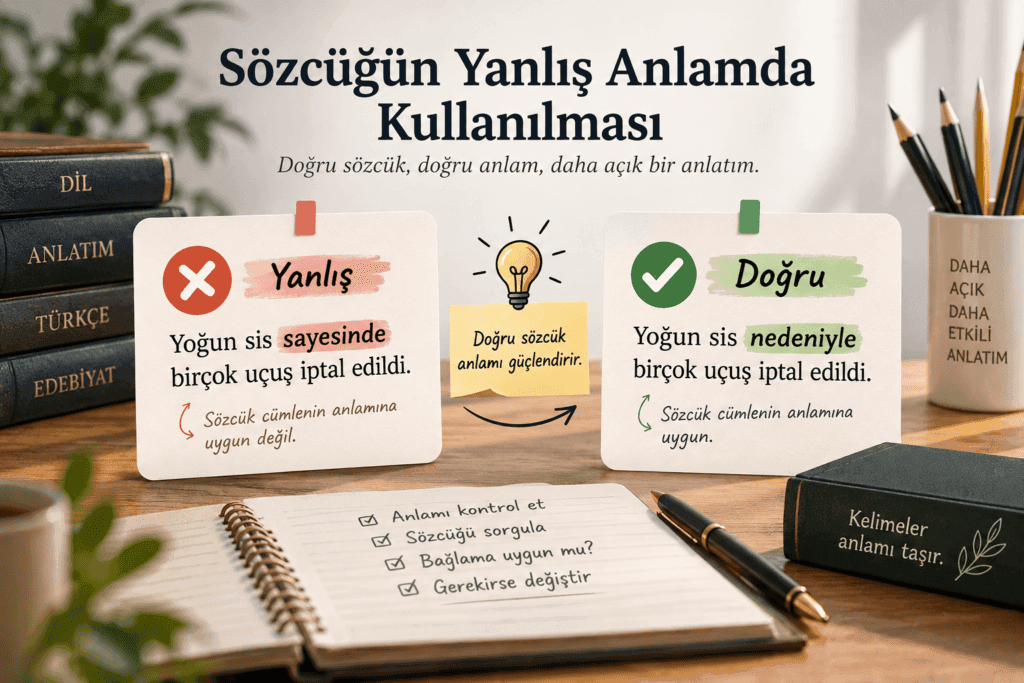 Sözcüğün yanlış anlamda kullanılmasını yanlış ve doğru cümle örnekleriyle açıklayan eğitim görseli
