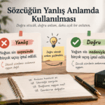 Sözcüğün yanlış anlamda kullanılmasını yanlış ve doğru cümle örnekleriyle açıklayan eğitim görseli
