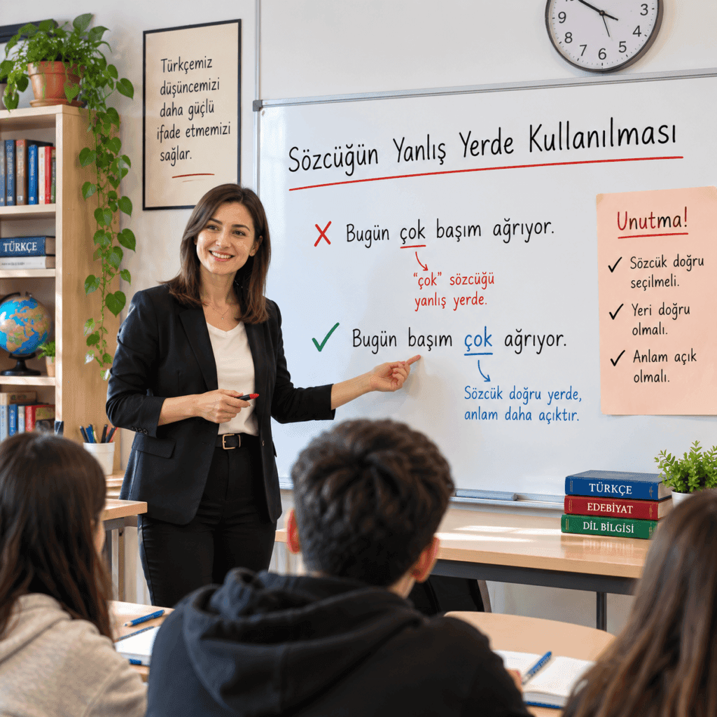 Sözcüğün yanlış yerde kullanılmasını yanlış ve doğru cümle örnekleriyle anlatan öğretmenli eğitim görseli