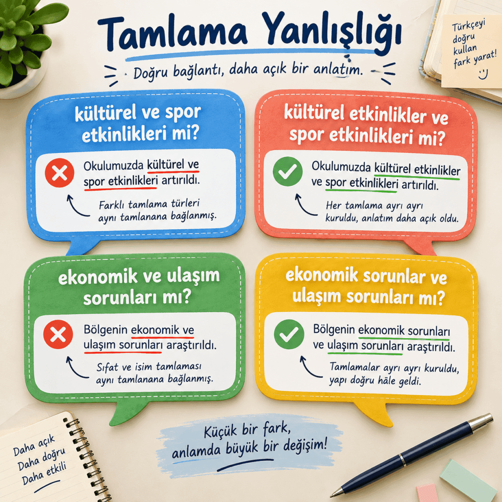 Tamlama yanlışlığı konusunu yanlış ve doğru cümle örnekleriyle açıklayan eğitim infografiği