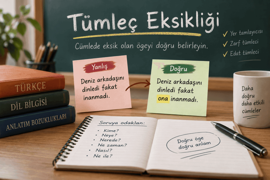 Tümleç eksikliği konusunu yer tamlayıcısı ve zarf tümleci örnekleriyle açıklayan eğitim görseli