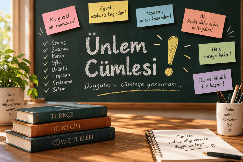 Ünlem cümlesi örneklerini sevinç, şaşırma, üzüntü ve seslenme ifadeleriyle açıklayan eğitim görseli