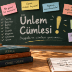 Ünlem cümlesinin özelliklerini, bildirdiği duyguları ve örneklerini gösteren Türkçe dil bilgisi görseli