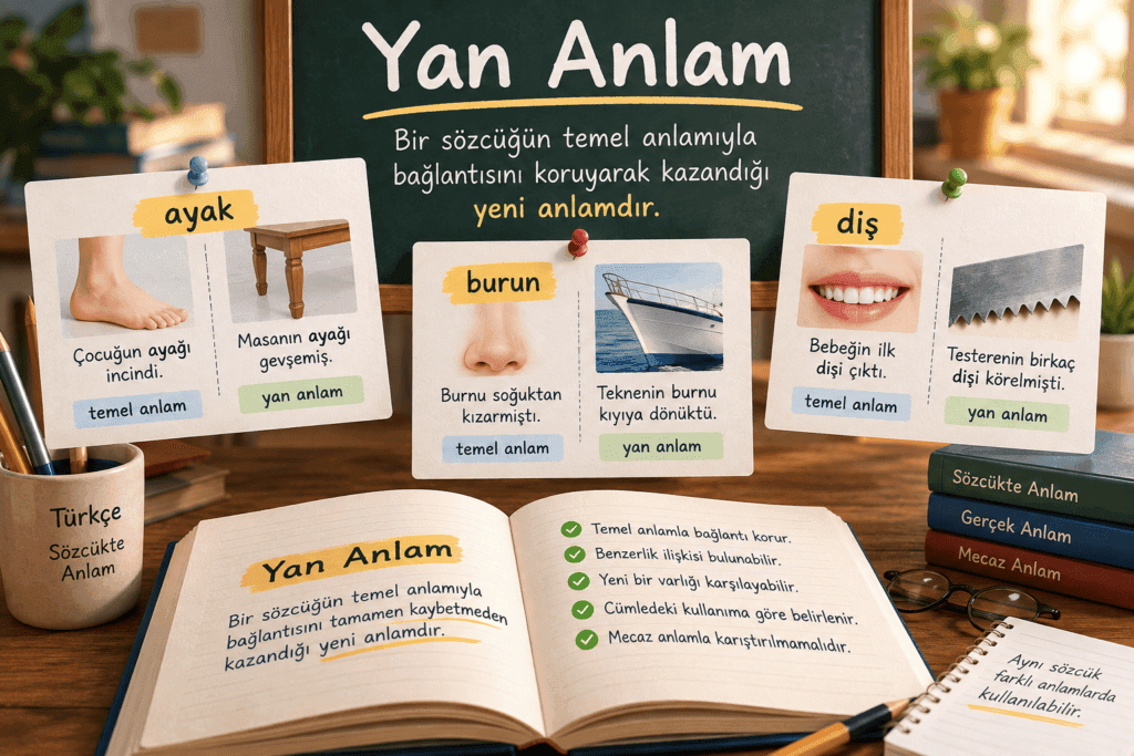 Yan anlamı temel anlamla karşılaştırmalı örneklerle açıklayan eğitim görseli