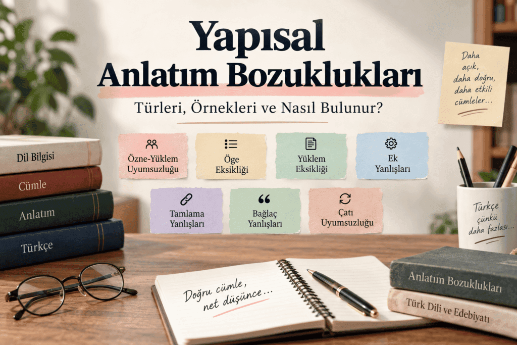 Yapısal anlatım bozuklukları türlerini; özne-yüklem uyumsuzluğu, öge eksikliği, ek, tamlama, bağlaç ve çatı yanlışlarıyla gösteren eğitim görseli