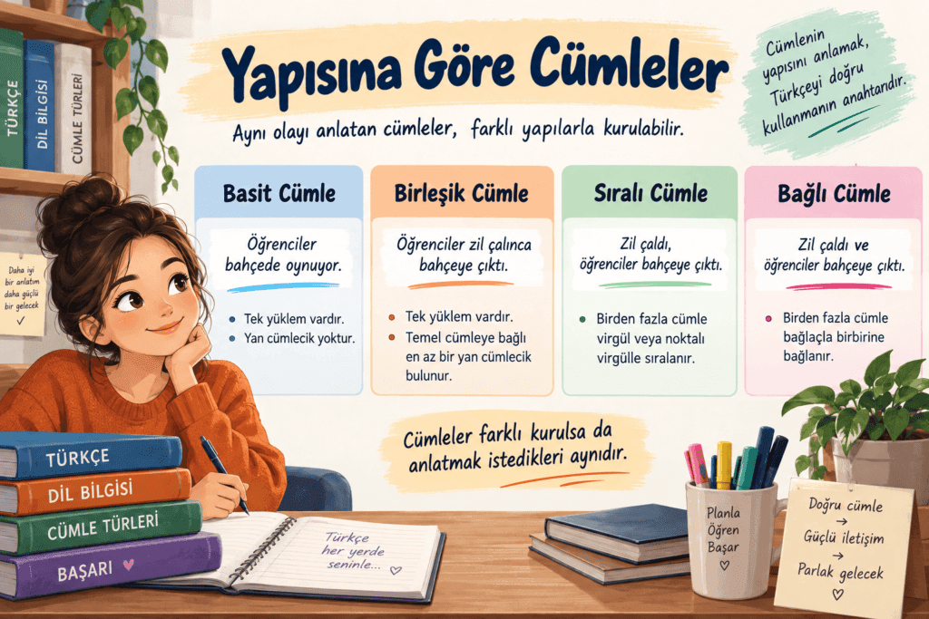 Yapısına göre cümleleri basit, birleşik, sıralı ve bağlı cümle örnekleriyle açıklayan eğitim görseli