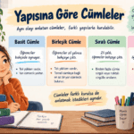 Yapısına göre cümleleri basit, birleşik, sıralı ve bağlı cümle örnekleriyle açıklayan eğitim görseli