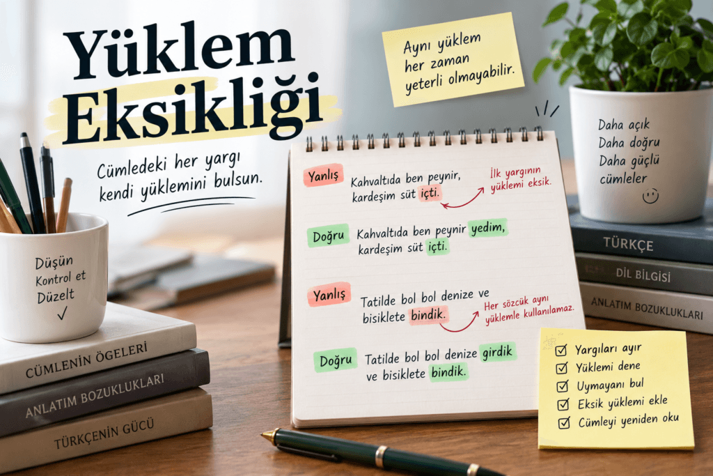 Yüklem eksikliği konusunu yanlış ve doğru cümle örnekleriyle açıklayan eğitim görseli