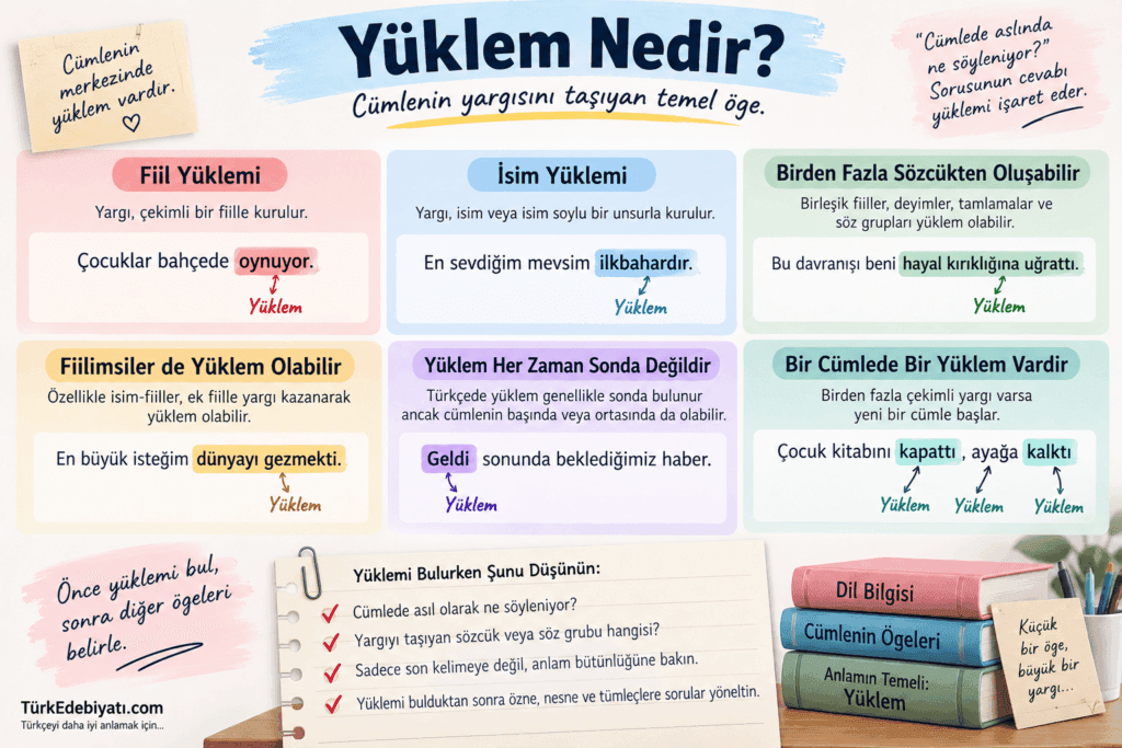 Yüklem nedir, yüklem türleri ve cümlede yüklem bulma örneklerini açıklayan görsel