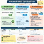 Yüklemin yerine göre cümleleri; kurallı, devrik ve eksiltili cümle örnekleriyle açıklayan infografik