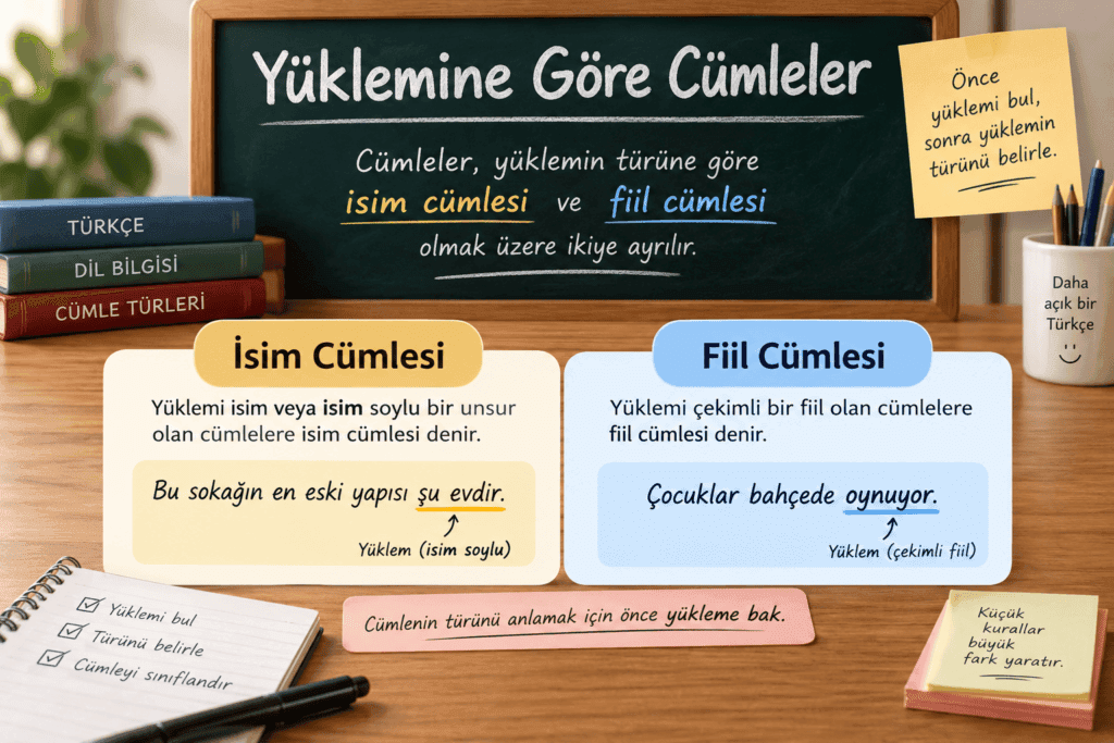 Yüklemine göre cümleleri isim cümlesi ve fiil cümlesi olarak örneklerle açıklayan eğitim görseli