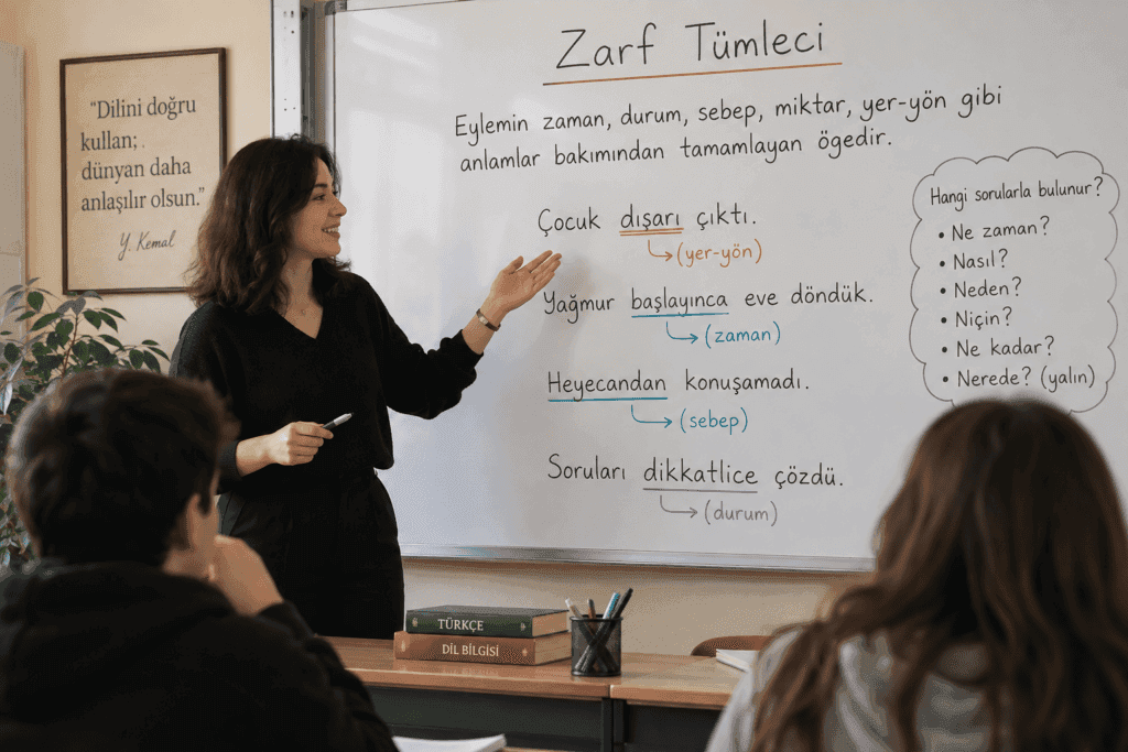 Zarf tümleci konusunu örnek cümlelerle anlatan öğretmen ve sınıf görseli