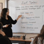 Zarf tümleci konusunu örnek cümlelerle anlatan öğretmen ve sınıf görseli