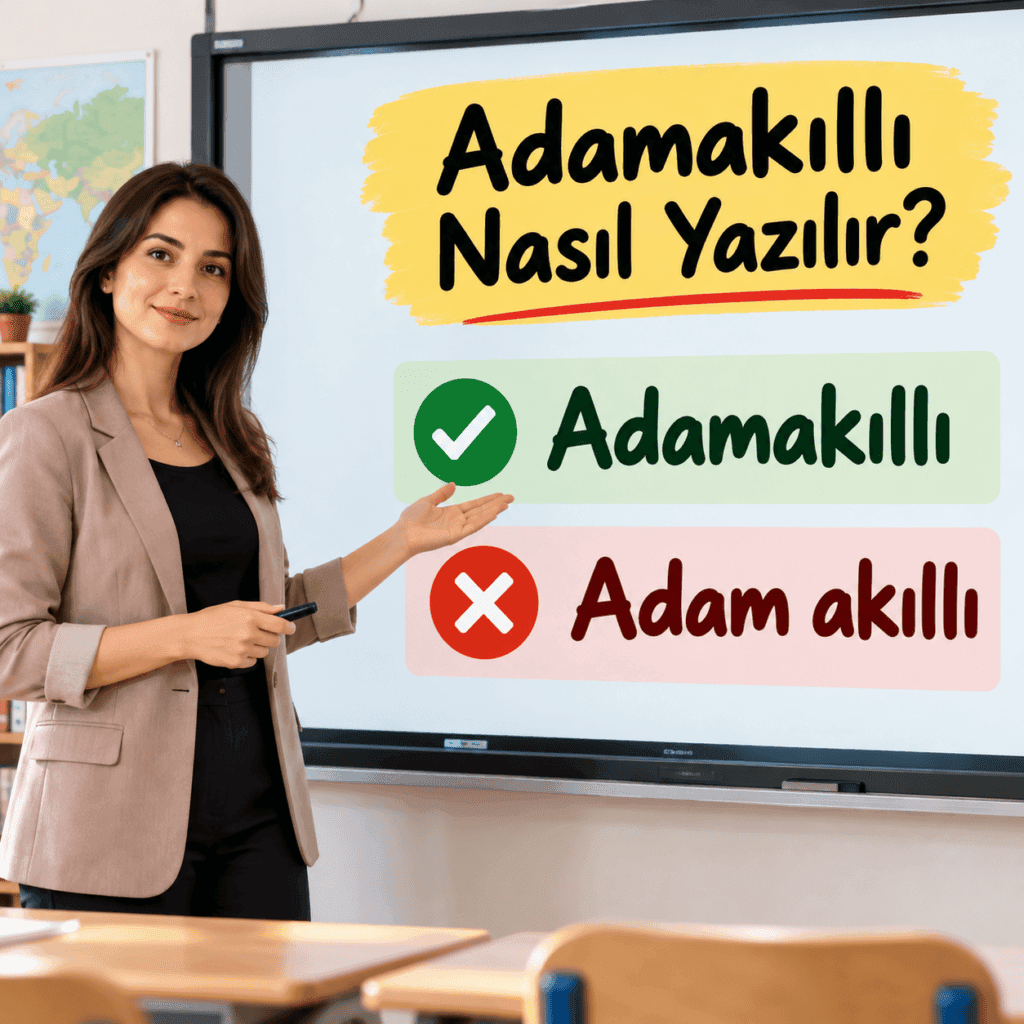 Adamakıllı kelimesinin doğru bitişik ve yanlış ayrı yazılışını tahtada gösteren Türkçe öğretmeni.