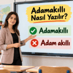 Adamakıllı kelimesinin doğru bitişik ve yanlış ayrı yazılışını tahtada gösteren Türkçe öğretmeni.