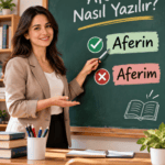 Aferin nasıl yazılır? Kadın öğretmen tahtada doğru yazım olan Aferin ile yanlış yazım olan Aferim kelimelerini karşılaştırıyor.