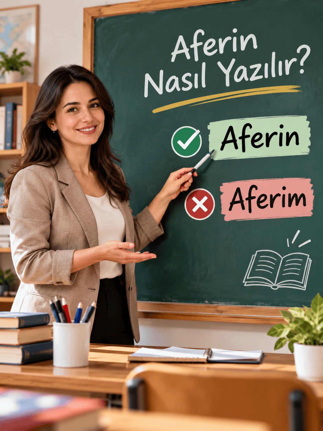 Aferin nasıl yazılır? Kadın öğretmen tahtada doğru yazım olan Aferin ile yanlış yazım olan Aferim kelimelerini karşılaştırıyor.