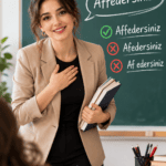 Affedersiniz nasıl yazılır? Kadın öğretmenin tahtada doğru yazım olan affedersiniz ile yanlış yazımları karşılaştırdığı görsel.