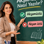 Akşamüstü nasıl yazılır? Kadın öğretmen tahtada doğru yazım olan Akşamüstü ile yanlış yazım olan Akşam üstü ifadelerini karşılaştırıyor.