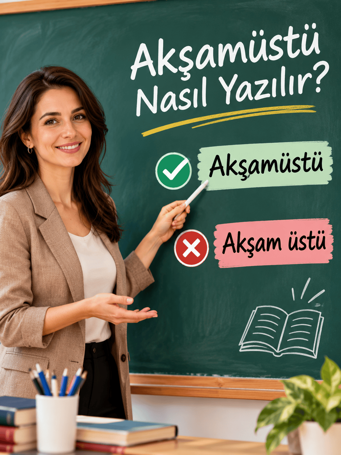 Akşamüstü nasıl yazılır? Kadın öğretmen tahtada doğru yazım olan Akşamüstü ile yanlış yazım olan Akşam üstü ifadelerini karşılaştırıyor.