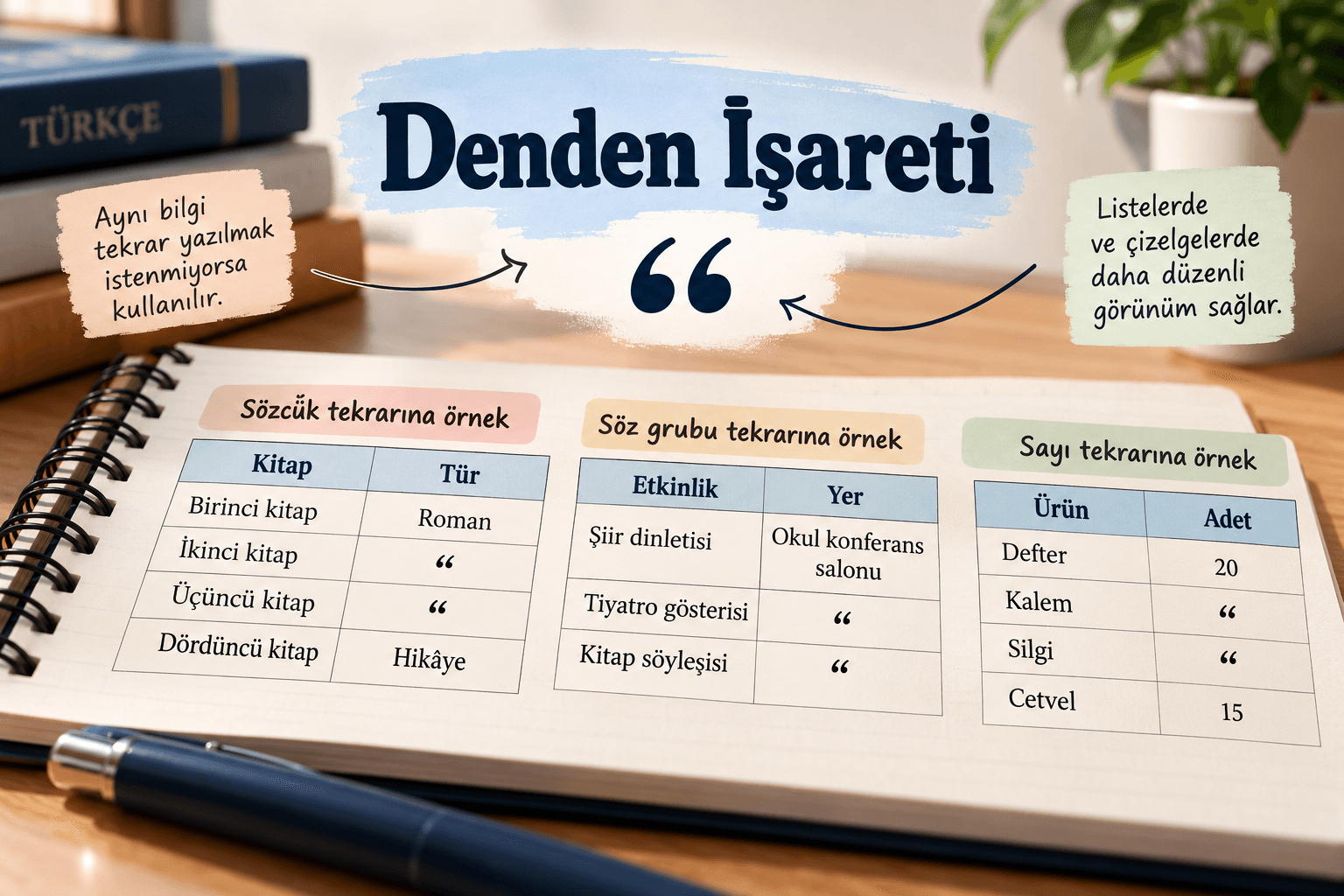 Denden işaretinin kullanımını sözcük, söz grubu ve sayı örnekleriyle gösteren Türkçe dil bilgisi görsel