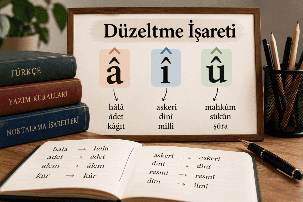 Düzeltme işareti ve â, î, û harflerinin kullanımını örneklerle gösteren Türkçe dil bilgisi görseli