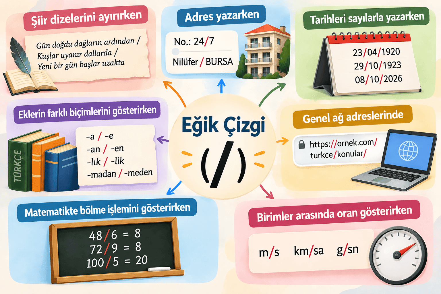 Eğik çizginin kullanıldığı yerleri ve örneklerini gösteren Türkçe konu anlatımı görseli
