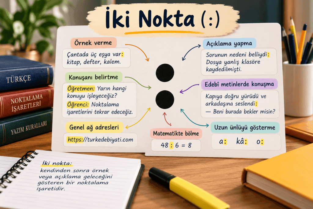 İki noktanın kullanıldığı yerleri ve örnek cümleleri gösteren Türkçe ders görseli