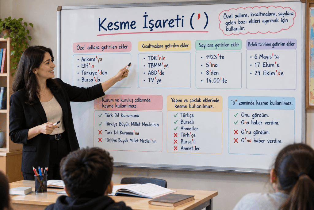 Kesme işaretinin kullanım kurallarını ve örneklerini anlatan öğretmenli Türkçe ders görseli