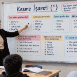 Kesme işaretinin kullanım kurallarını ve örneklerini anlatan öğretmenli Türkçe ders görseli