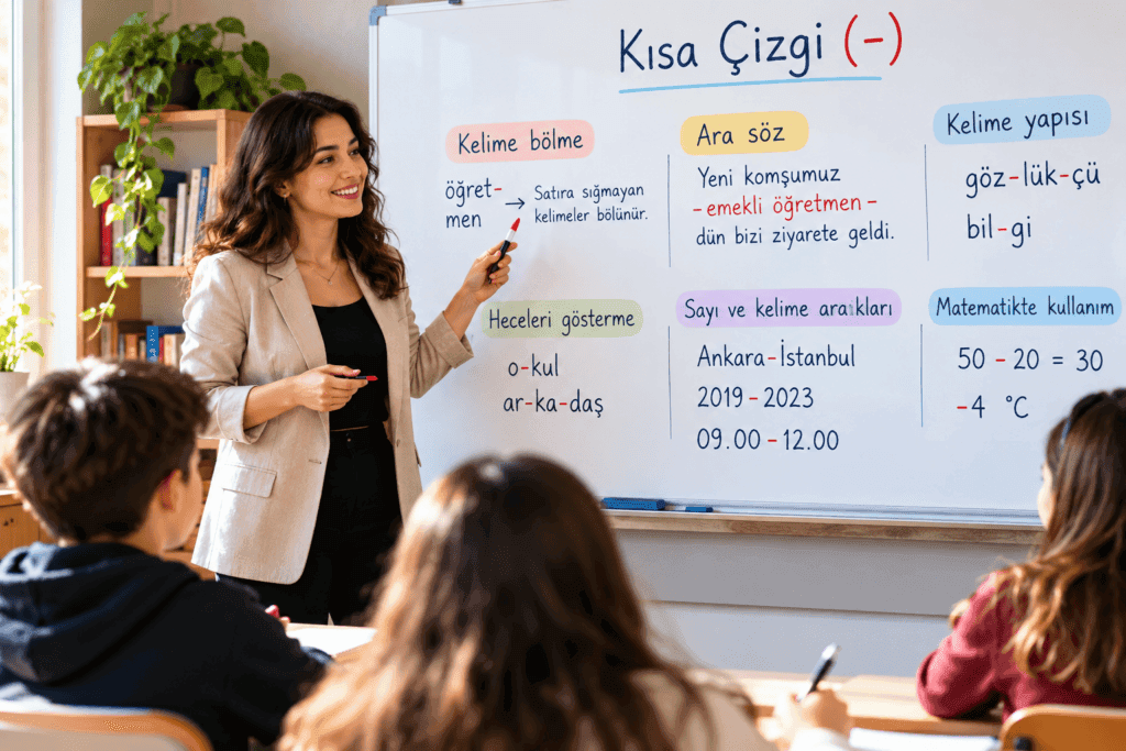 Kısa çizginin kullanıldığı yerleri ve örneklerini gösteren öğretmenli Türkçe ders görseli