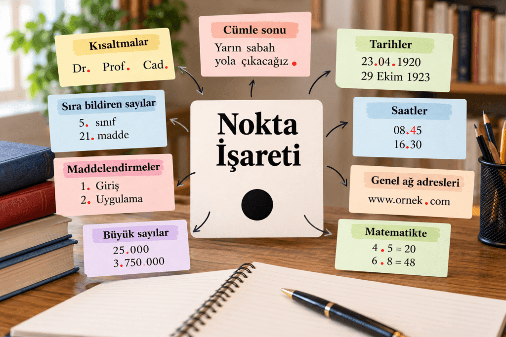 Nokta işaretinin kullanıldığı yerler ve örnekleri gösteren Türkçe ders görseli