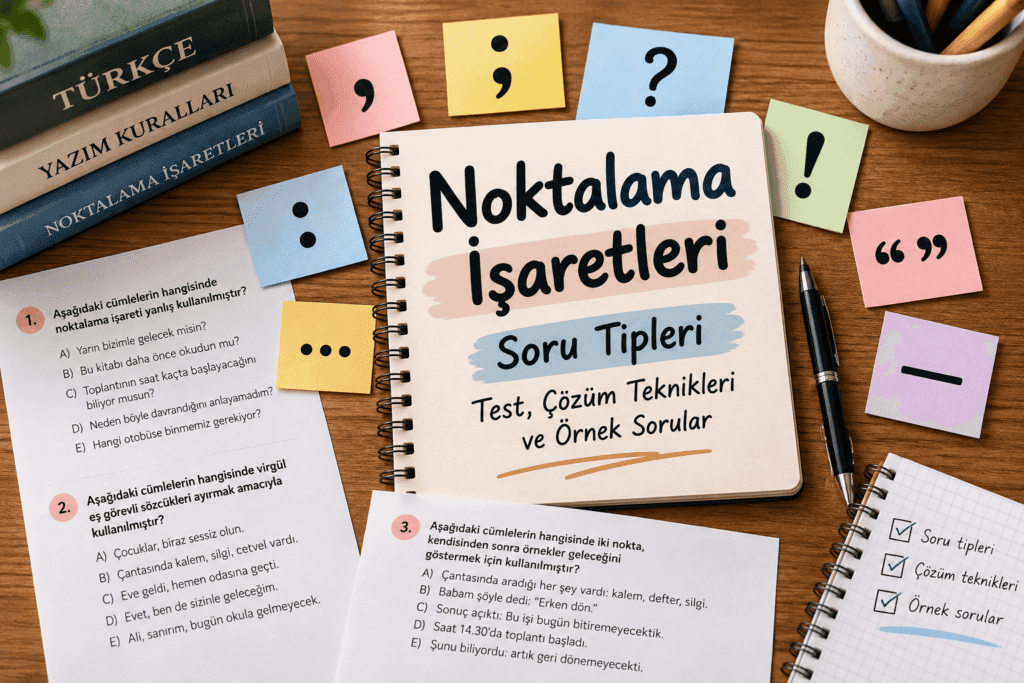 Noktalama işaretleri soru tipleri, test ve çözüm tekniklerini gösteren Türkçe ders görseli