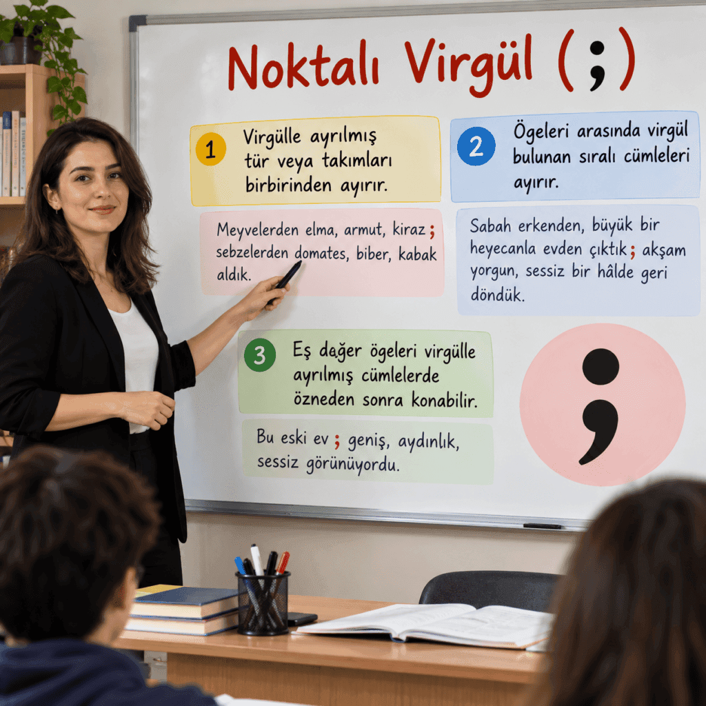 Noktalı virgülün kullanıldığı yerleri ve örneklerini anlatan Türkçe ders görseli