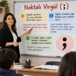 Noktalı virgülün kullanıldığı yerleri ve örneklerini anlatan Türkçe ders görseli