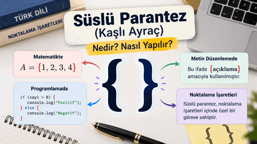 Süslü parantez (kaşlı ayraç) işaretinin matematikte, programlamada ve metin düzenlemede kullanımını gösteren görsel