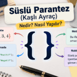 Süslü parantez (kaşlı ayraç) işaretinin matematikte, programlamada ve metin düzenlemede kullanımını gösteren görsel