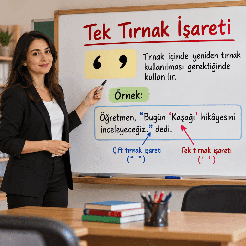 Tek tırnak işaretinin kullanımını örnek cümleyle anlatan öğretmen